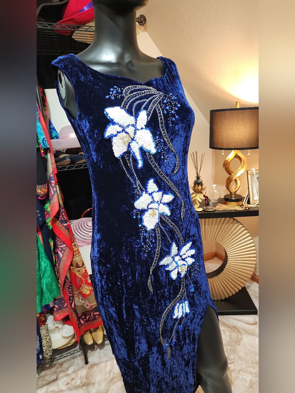 Early 1950s Cobalt Blue Crushed Velvet Beaded Sequin Floral Wiggle Dress S